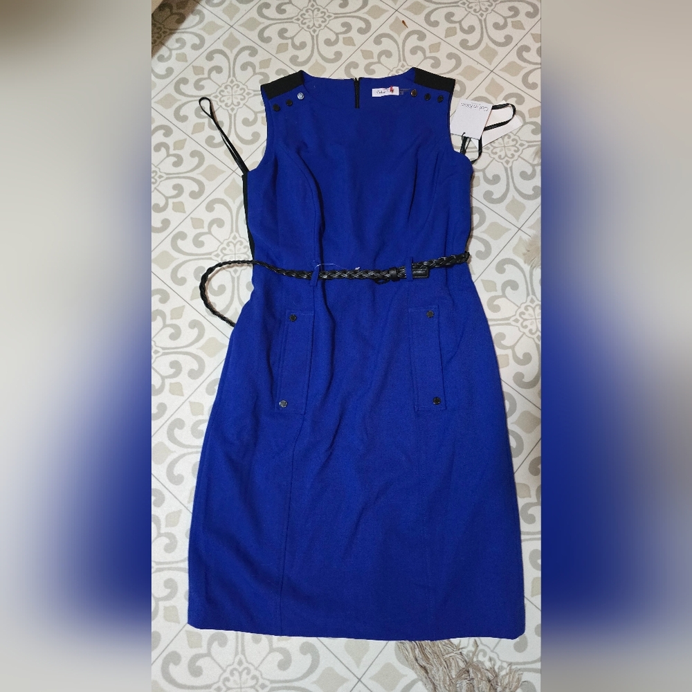 Calvin Klein Women's Size 8 Belted Royal Blue & Black Lined Sheath Dress NWT